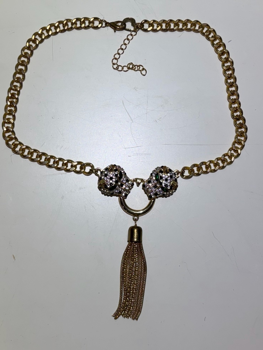 Crystal Leopard Head & Gold Chain Tassel Choker Style Necklace. 21” Length